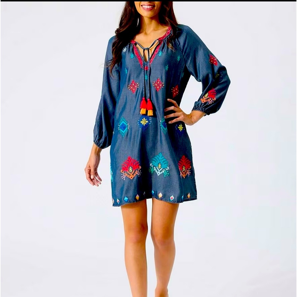 Tommy Bahama Chambray Ikat Embroidery Split V-Neck Tunic